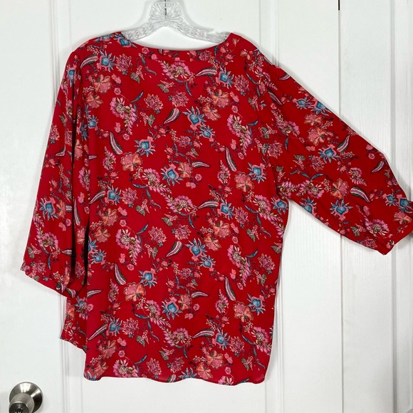 nwot ROSE OLIVE Blouse 1X Floral Pleated V-Neck Puff-Balloon-3/4-Long-Sl 5Button - Picture 2 of 12